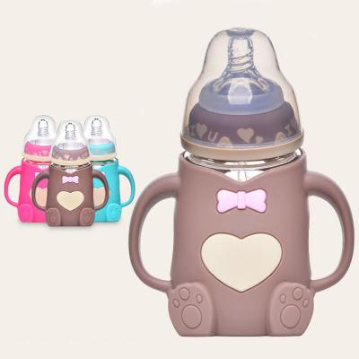 China bear shape high quality BFA free nature glass baby feeding bottle with silicone sleeve for sale