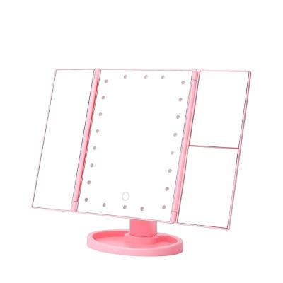 China 22 Lighted Triple Mirror 2X3X Enlarged LED Makeup Mirror Comb Makeup Desk Three Side Folding Mirror With Light for sale