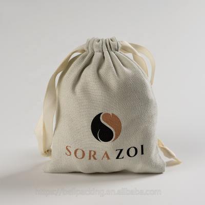 China Recyclable Custom Logo Printed Gray Cotton Linen Drawstring Bag for sale