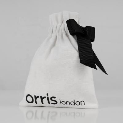 China 12*16cm Recyclable Custom Gift Bag Logo Printed Brushed Canvas Cotton With Ribbon for sale