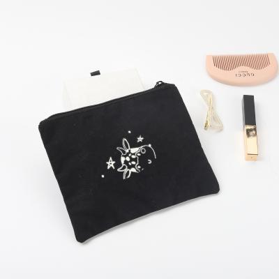 China Lady Custom Logo Printed Black Canvas Zipper Makeup Bag Packaging Gift Organic Pouch Canvas Cosmetic Bag for sale