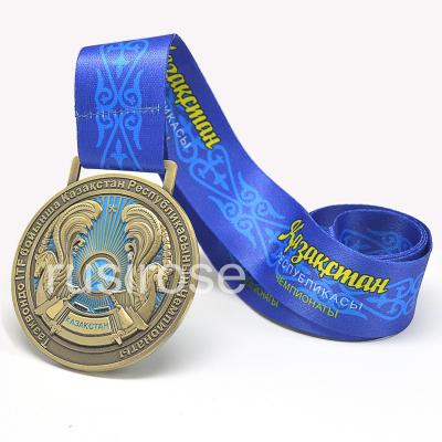 China Kazakhstan 3D antique bronze medals customized, with blue ribbon medal for sale