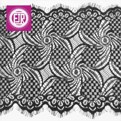 China Eyelash lace trim 15cm wide viable in black color for lingerie, knitted nylon lace, scallop border lace trim for sale