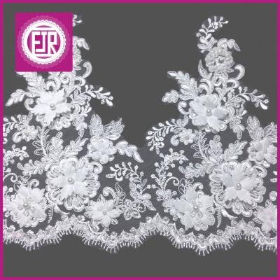 China Viable Exquisite 3D Flower Lace Trim For Wedding Dress, Beaded Bridal Lace Trim, Beaded Alencon Lace Trim for sale