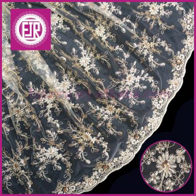 China Viable Sequined Embroidered Lace Fabric, Gold Color Lace Fabric, Mesh Embroidered Lace Fabric for sale