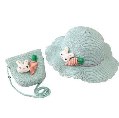 China Character Kids Girls Custom Wholesale Cute Rabbit Sun Hat Travel Straw Hat Out Door And Bag Set Hat For Baby Kids Hat Beach Outfit for sale