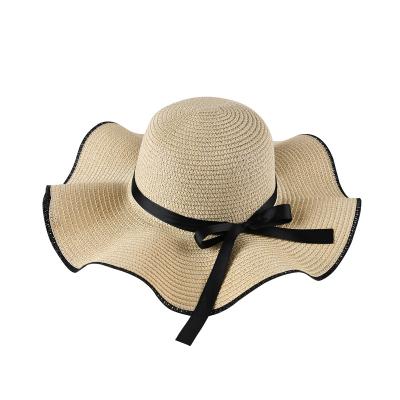 China New Character Summer Cheap Foldable Black Brim Straw Hat Butterfly Hat Beach Wavy Paper Hat for sale