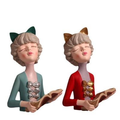 China MODERN Statues Resin Crafts Wholesale Creative Custom Tray Girl Figurine Set Monocle Storage Living Room Porch Home Decoration for sale