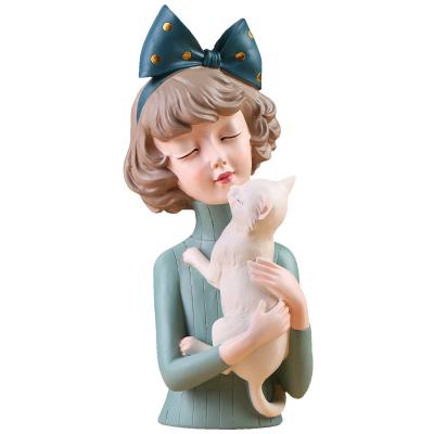 China Home Decoration Crafts Hot-selling Nordic Girl Statue Sculpture Gifts Opens Girl Hug Pet Cats Figurines Resin Decorations Interior Accessories for sale