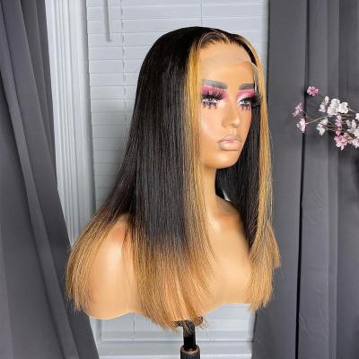 China Honey Blonde Transparent Lace Front Human Hair Wigs Silky Straight Wave Highlight Wig For Women Glueless Short Bob Wigs 10-18