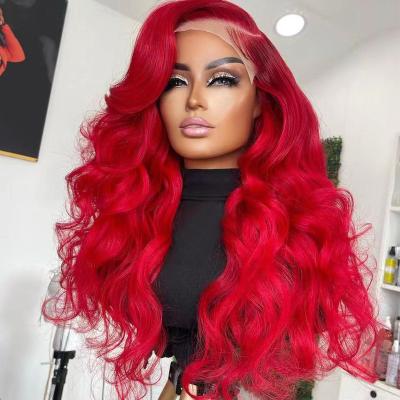 China Red Colored Natural Wave Wigs Pre Plucked Brazilian Virgin Hair Natural Wave Wigs Hair Lace Front Closure Wigs For Woman for sale