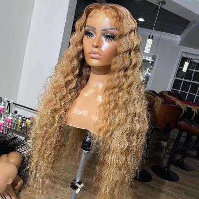 China Deep Wave Honey Blonde Wigs Deep Wave Human Hair Wigs Pre Plucked Brazilian Raw Lace Front Closure Virgin Hair Wigs for sale