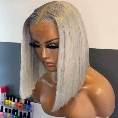 China Straight Gray Colored Lace Front Closure Wigs Pre Plucked Bob Straight Human Hair Wigs Brazilian Virgin Hair Glueless Short Wigs for sale