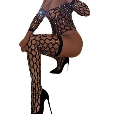 China Hot Sets Rhinestone Performance Dance Wear Exotic Dance Wear Stripper Fishnet Bodysuits Stockings Set for sale