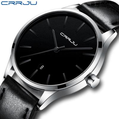 China Minimalist Quartz Black Dial Leather Strap Automatic Full Date CRRJU Creative Gift Men Watch For Man for sale