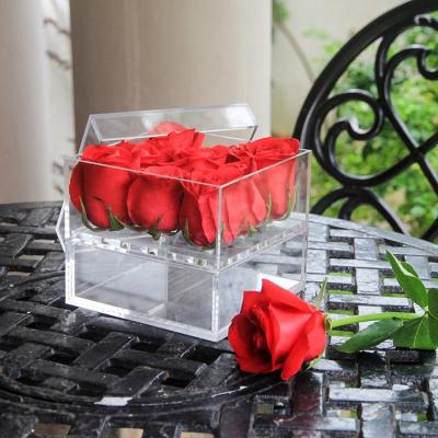 China Sealed Bottom For Add Water Flower Display Box HOMESWEET Clear Acrylic Package Box Gift Display Box Perspex Roses Roses Flowers Box With Drawer for sale