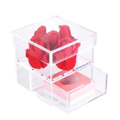 China HOMESWEET Clear Acrylic Rose Flower Display And Storage Valentine's Day Gift 5 Holes Box With Jewelry Drawer for sale