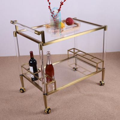 China Fancy Modern Metal Brass Fancy Food Cart Luxury Clear Acrylic Stainless Steel Modern Design Handcrafted Acrylic Serving Cart for sale