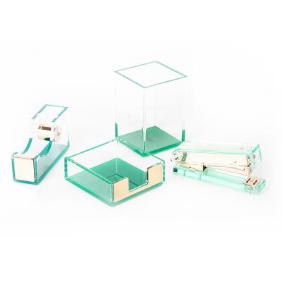 China Acrylic Brush Pen Holder Stationery Set Acrylic Desktop Decoration HOMESWEET Tape Dispenser Stapler Green Set for sale