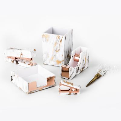 China HOMESWEET 6 Pcs Acrylic Marble White Texture Rose Gold Office Supplies Stationery Desk Accessories Organizer Set for sale