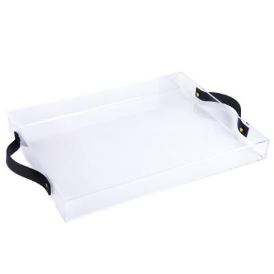 China Wholesale HOMESWEET Office Decorative Leather Handle Clear Acrylic Serving Tray for sale