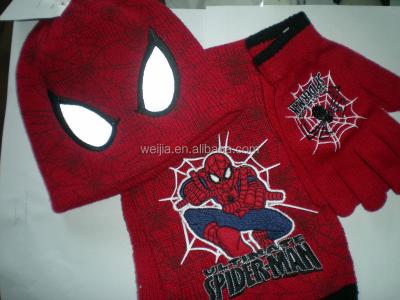 China Set of medium spiderman knitted hat and glove and scarf for kids for sale