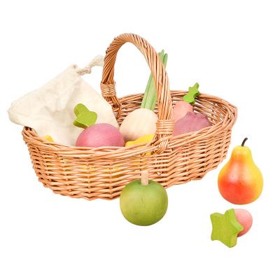 China Export wooden educational fruit and vegetable toys play house baby fruit and vegetable rattan basket set boys and girls kitchen toys for sale