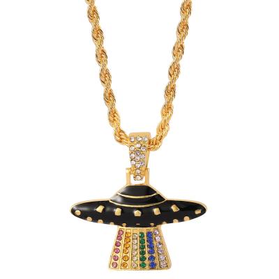 China Luminous Hiphop Stainless Steel Spaceship Iced Out Hip Hop Alien UFO Necklace for sale