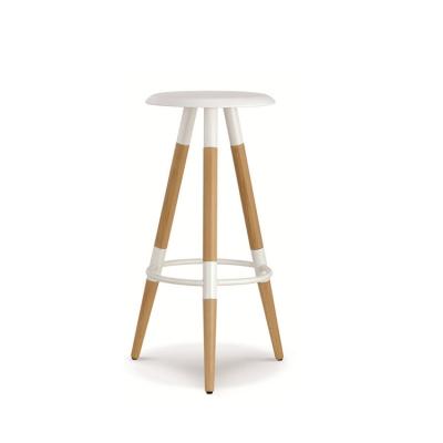 China Contemporary High Kitchen Design Cafe Metal Frame Wood Leg Plastic Bar Stool Chair Dining Furniture for sale