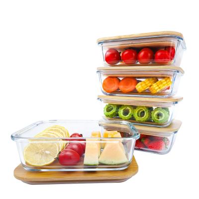 China Eco-friendly Microwavable Glass Food Storage Box/Glass Container Bamboo Wooden Lid With Bamboo Lid for sale