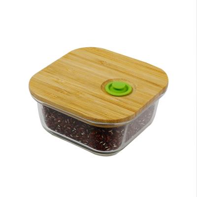 China New Design Microwavable High Borosilicate Glass Storage Eco-friendly Food Container With Bamboo Wooden Lid for sale