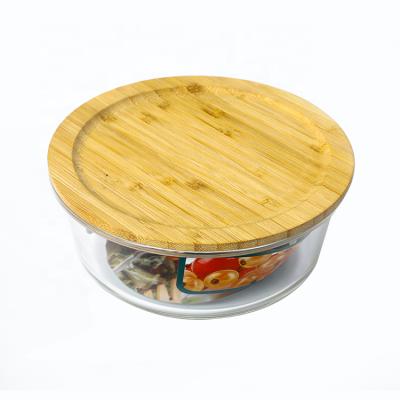 China Freshness Preservation Round Glass Container With Lid Bamboo Eco-Friendly Airtight Wooden Lid Glass Food Container For Cereals for sale