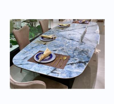 China Modern Design Large Size Retangular Porcelain Slab Custom Blue Vein Vitrified Dining Table Tops for sale