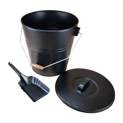 China Alloy Steel Metal Dent Flat Black Fireplace Ash Bucket With Shovel And Lid for sale