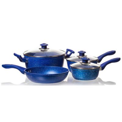 China Sustainable 7pcs forged blue and pink aluminum nonstick maifanite cookware sets for sale