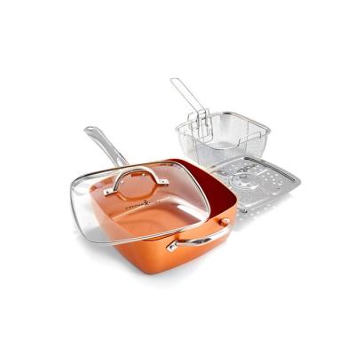 China Sustainable High Quality 4 Piece Deep Square Frying Pan Set With Glass Lid Frying Basket for sale