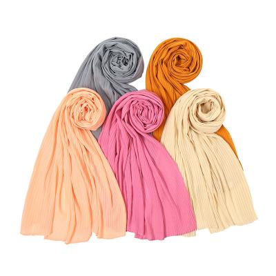 China Long Pleat Chiffon Hijab Shawl 2022 New Color Success Pearl Way Chiffon Pleated Scarf Women Muslim Wide Stripe Wholesale for sale