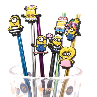 China Wholesale Custom Viable Straw Cover Cartoon Minions Bar Accessories Drinkable PVC Straws Tips Dust Toppers Bar Accessories for sale