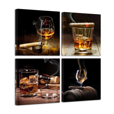 China Waterproof+ECO-Friendly Modern 4 Piece Cigar Wine Whiskey Canvas Prints Still Life Paintings For Kitchen Bar Home Decor Stretched Artwork Poster for sale