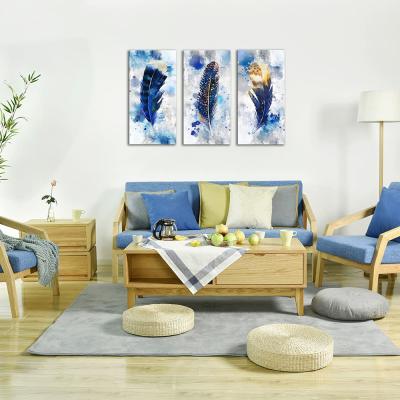 China Large Modern Abstract Waterproof+ECO-Friendly 3 Pieces Feather Watercolor Print Painting Picture Canvas Wall Art For Living Room Home Decor Blue Artwork for sale