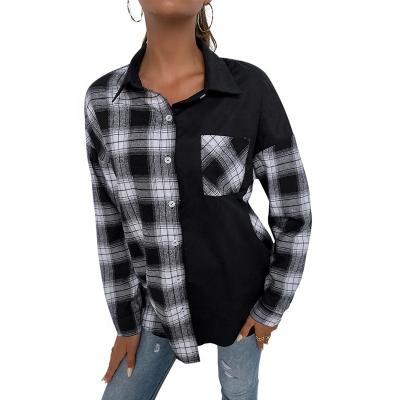 China New Black White Plaid Anti-Shrink Lapel Vintage Shirt Women Single Breasted Long Loose Use Ladies Blouses for sale