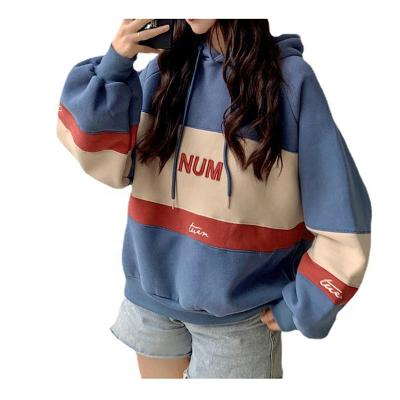 China Winter New Arrival Windproof Women Embroidery Letters Hooded Pullover Girls Color Block Fleece Hoodies for sale