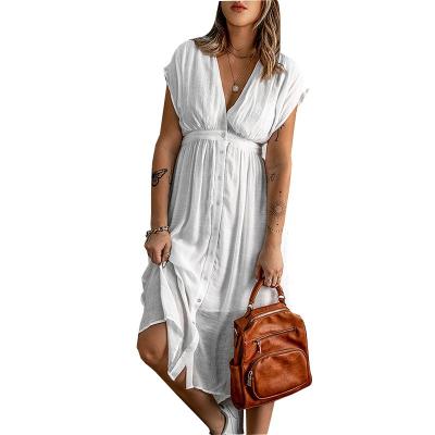 China New 2022 Summer Women's Washable Double Layer Tulle Solid Color High V Short Sleeve Midi Size Plus Size Dress for sale