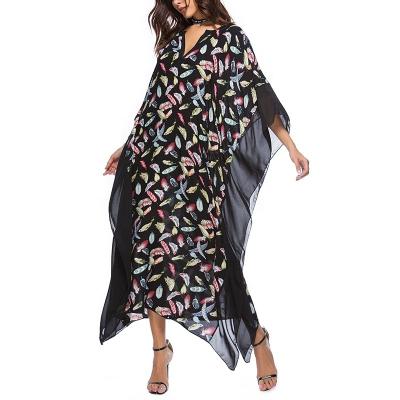 China Wholesale Washable Bat Sleeve V-Neck Floral Print Loose Loose Women Summer Women's Straight Ladies Maxis Dress for sale