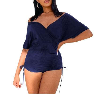 China 2022 Fashion Women's Batwing Short Sleeve Breathable V-Neckline Drawstring Pleated Rompers Plus Size Sexy Lady Short Jumpsuit for sale