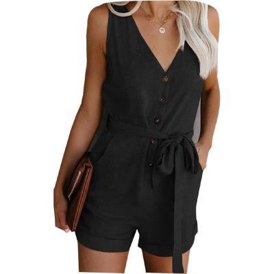 China Solid Color Breathable Women 2022 Summer New Fashion V Neck Bib Casual Jumpsuits Plus Size Romper Shorts Lady Overalls for sale