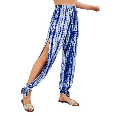 China Breathable Summer Lace Up Outdoor Ninth Pants Fashion Blue Printed Side Slit Casual Women's Pants for sale