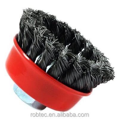 China ROBTEC Knotted Wire Cup Cleaning Brush with 5/8-Inch-11, 2-3/4-Inch-by-.020-Inch Threaded Shaft for sale