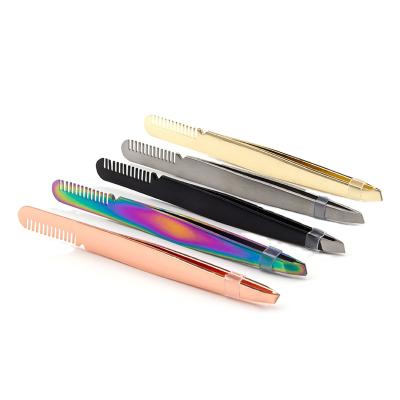 China Private Label Stainless Steel Logo Slope Tip Eyebrow Tweezers Customized Comfortable Grip with Comb or Brush for sale