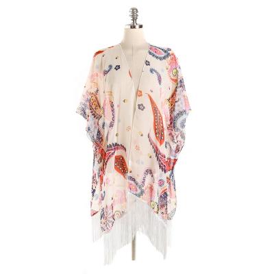 China Sustainable Women's Recycled Polyester Fabric Floral Print Kimono Sheer Chiffon Loose Cardigan for sale